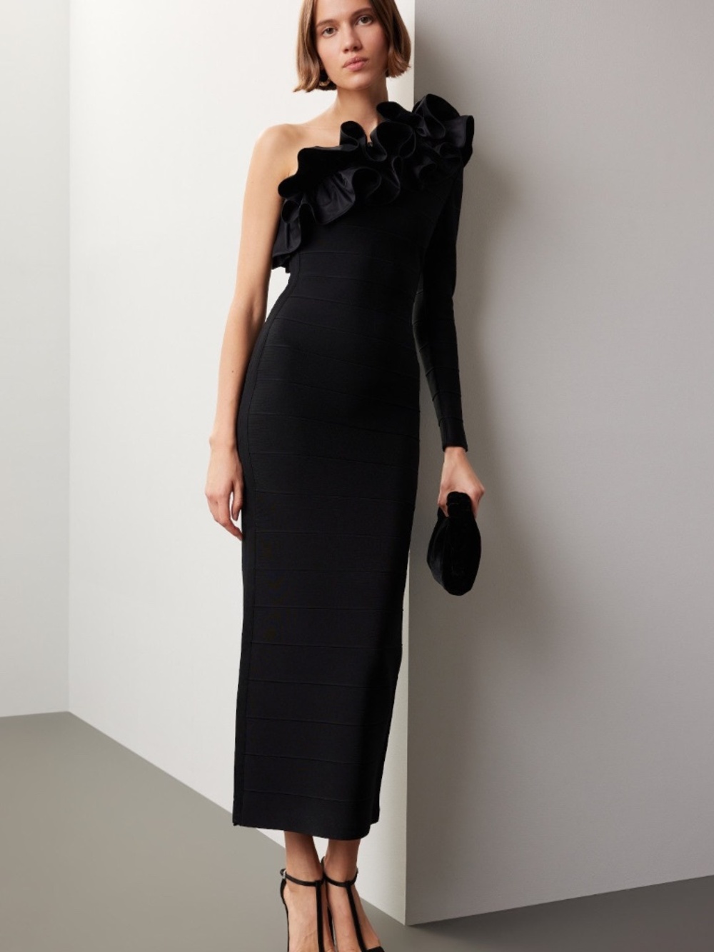 Herve Leger Asymmetrical Ruffle Gown Black One Shoulder Bandage Dress MEDIUM
